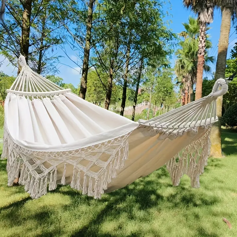 Double Portable Hammock with Tassel Edge, 2-Person Unisex Jacquard Canvas Swing with Anti-Side Flip Spreader Bar for Outdoor Camping and Relaxation, Hammock Camping, Double Portable Hammocks