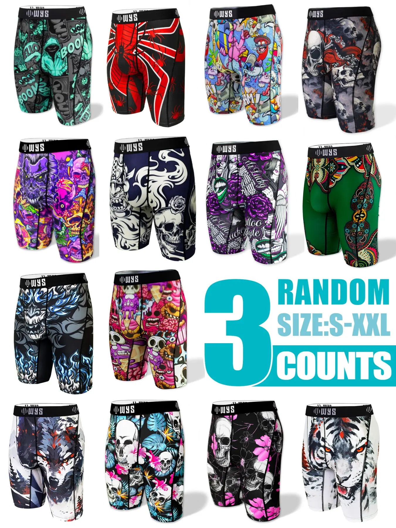 Men's Long Brief Underwear, Halloween Print, Skull Spider, Sport Running, Swim, Moisture-Wicking, Anti-Chafing, Quick-Dry, Breathable, Elastic Comfort