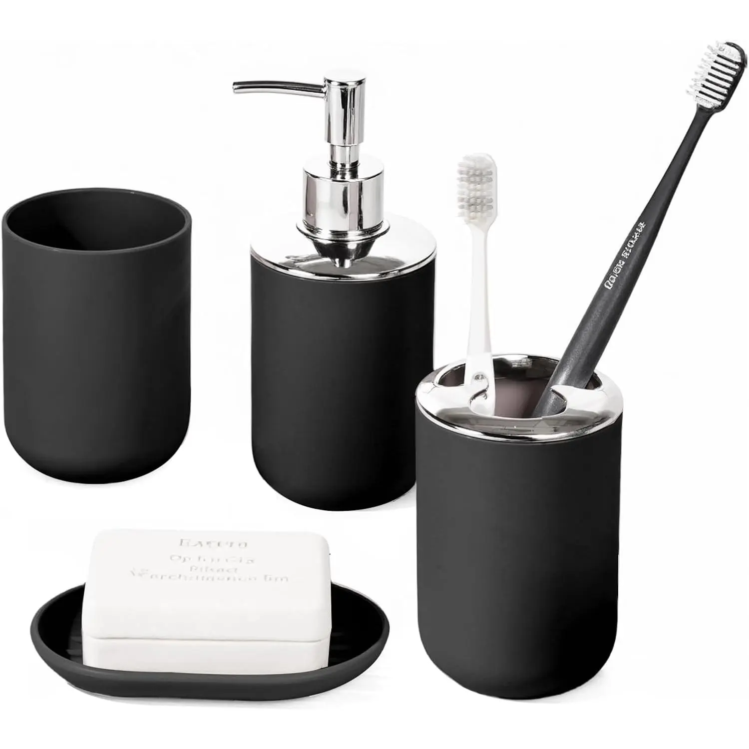 Bathroom Accessory Set, 4 count Black Plastic Bathroom Set | Include Soap Dispenser, Soap Dish,  Holder, Mousewash Cup, Modern Bahtroom Décor Set, Space Save for Bathroom