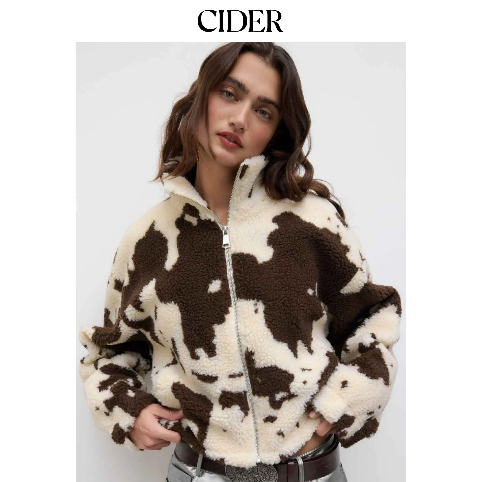 Cider Fleece Funnel Neck Print Drawstring Oversized Jacket SummerFinds Cider Fleece Funnel Neck Print Drawstring Oversized Jacket SummerFinds