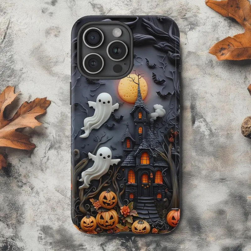 Haunted House Halloween phone case with ghost and pumpkin patterns, compatible with iPhone 17/16/15/14/13/12/11/X/XS/XSMAX/7P/8P/17E and various Samsung models. It's a perfect holiday gift for friends, family, or even yourself.