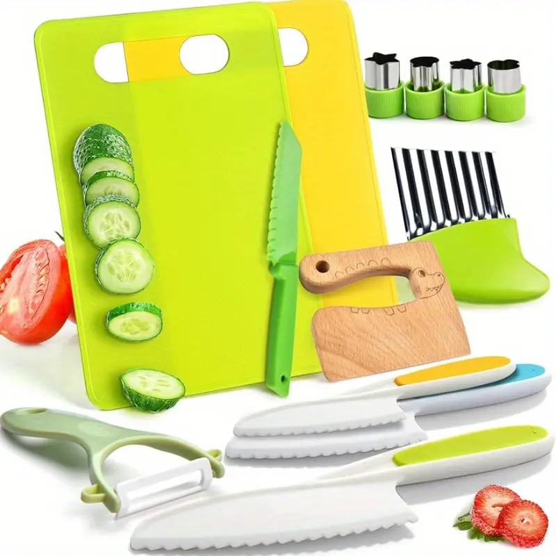 13Pcs Kids Safe Kitchen Cutting Set  Toddler Cooking Tools with Safe Knives, Crinkle Cutter & Cookie Cutters for Little Chefs