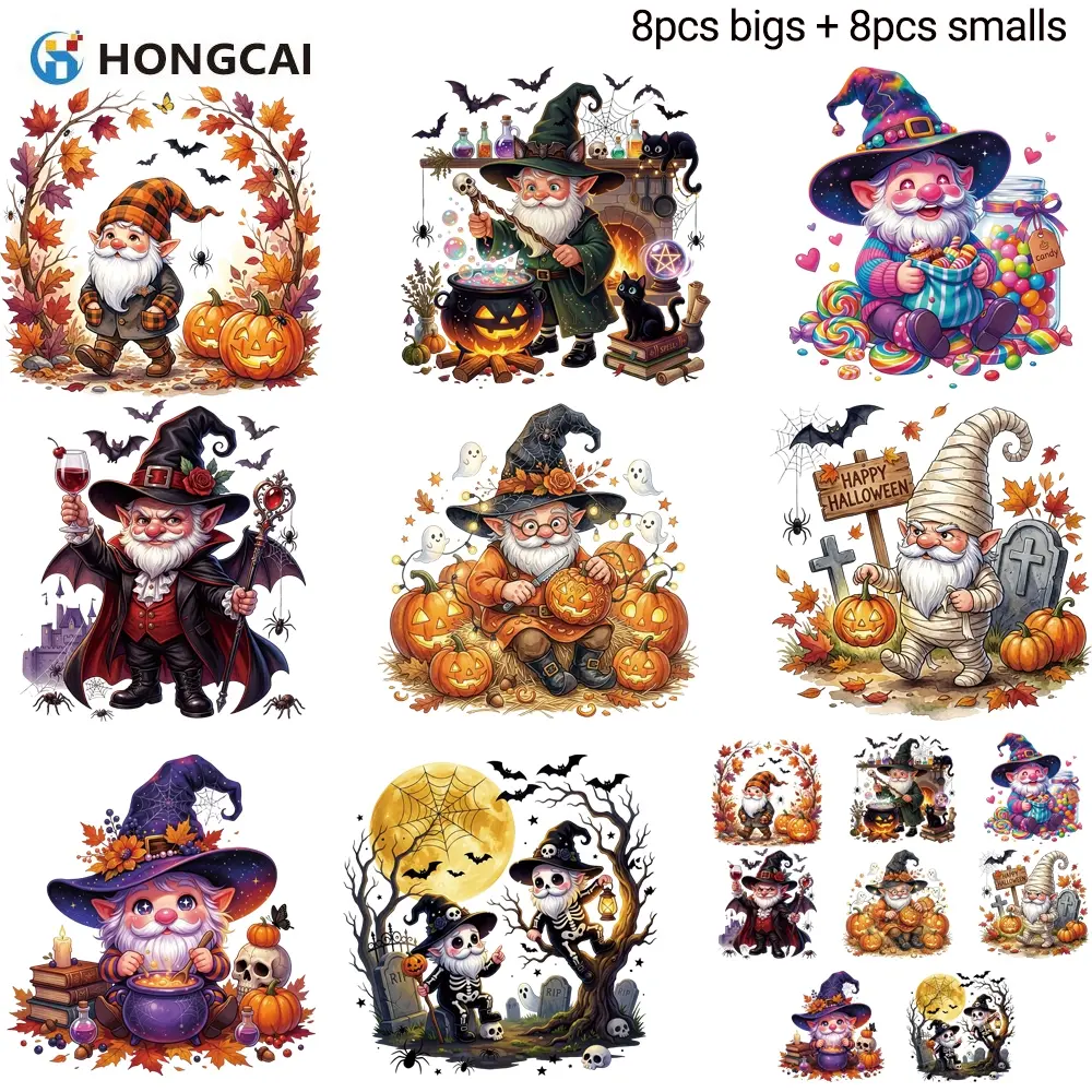 8 Pcs Large + 8 Pcs Small Multi-Element Halloween Gnome DTF Heat Transfer Stickers, Festive Halloween Iron-On Film, Color Stable, Wear & Wash Resistant, For Personalized Decoration Of All Kinds Of Clothing, Accessories And Bag Fabrics