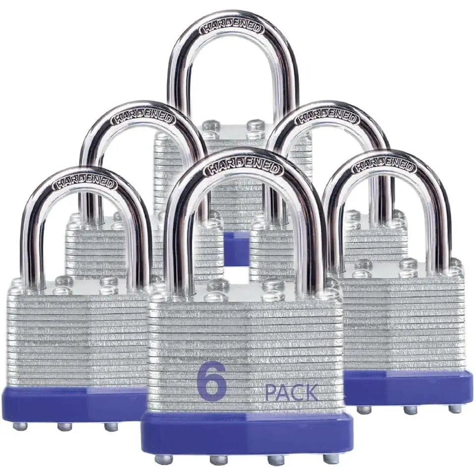 6 Pack Laminated Steel Padlocks with Hardened Steel Shackle and Brass Cylinder, Keyed Alike, Blue ID Ring, 12 Keys, for Lockers and Warehouse DoorsGift