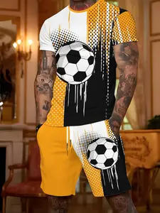 Summer Men's Casual Two-Piece Set, Soccer Theme Colorblock Short Sleeve Tee + Shorts, Versatile Home and Ensemble