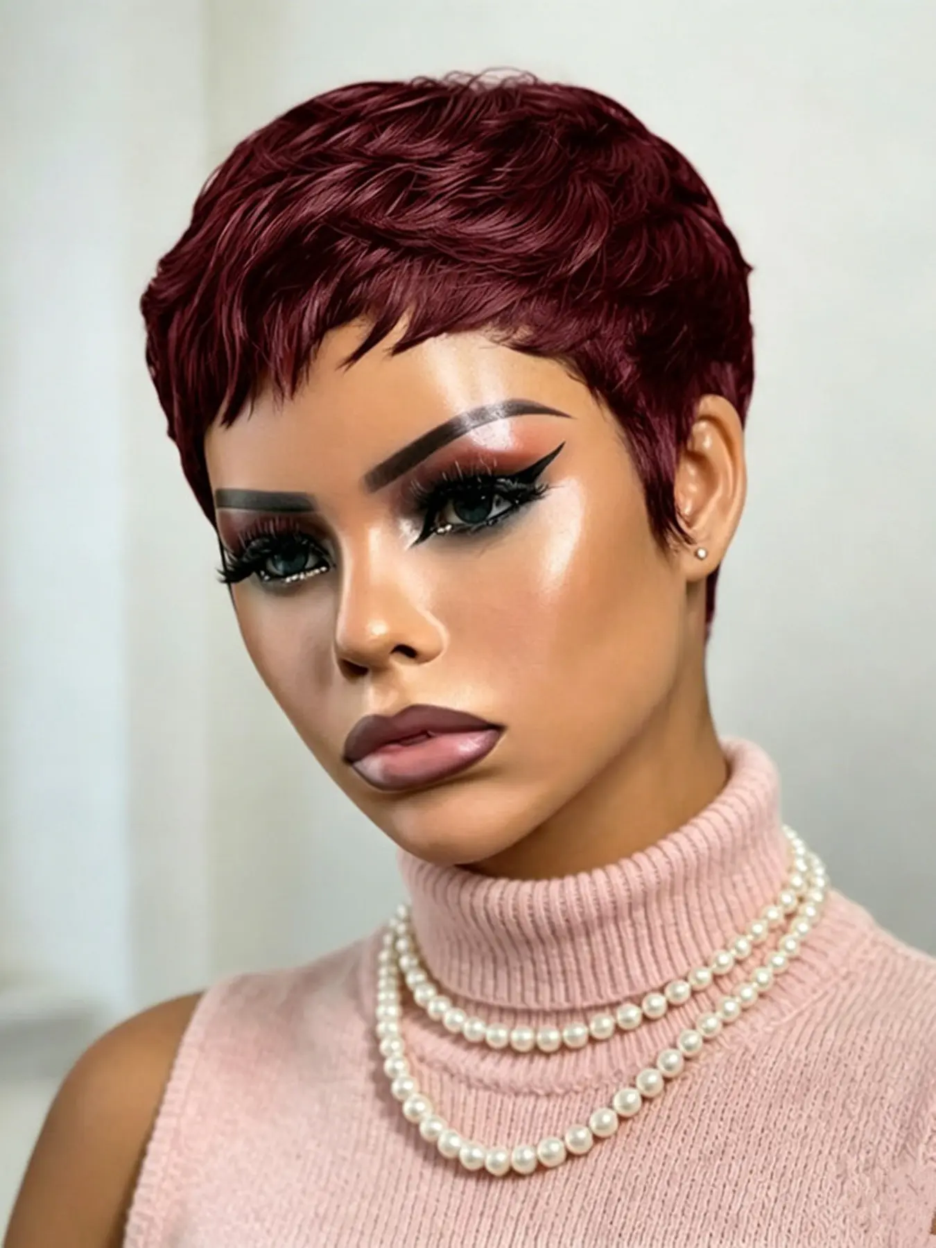 Pixie Burgundy Pixie Cut Human Hair Wig, Short Straight Layered Machine Made Wig, Halloween Party Holiday Gift
