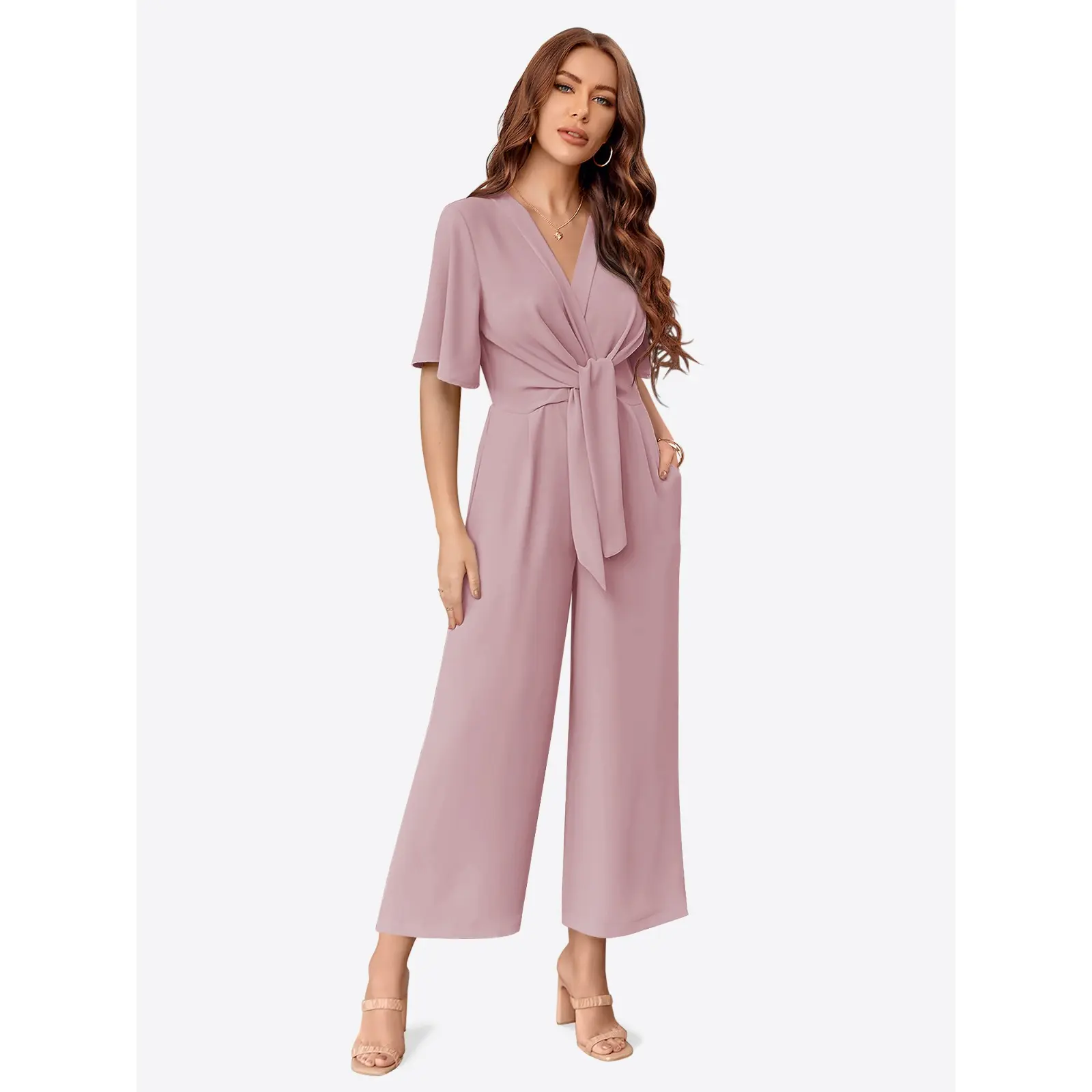 Cicy Bell Women's Elegant V Neck Jumpsuits Dressy Casual Short Sleeve Wide Leg Long Pants Rompers