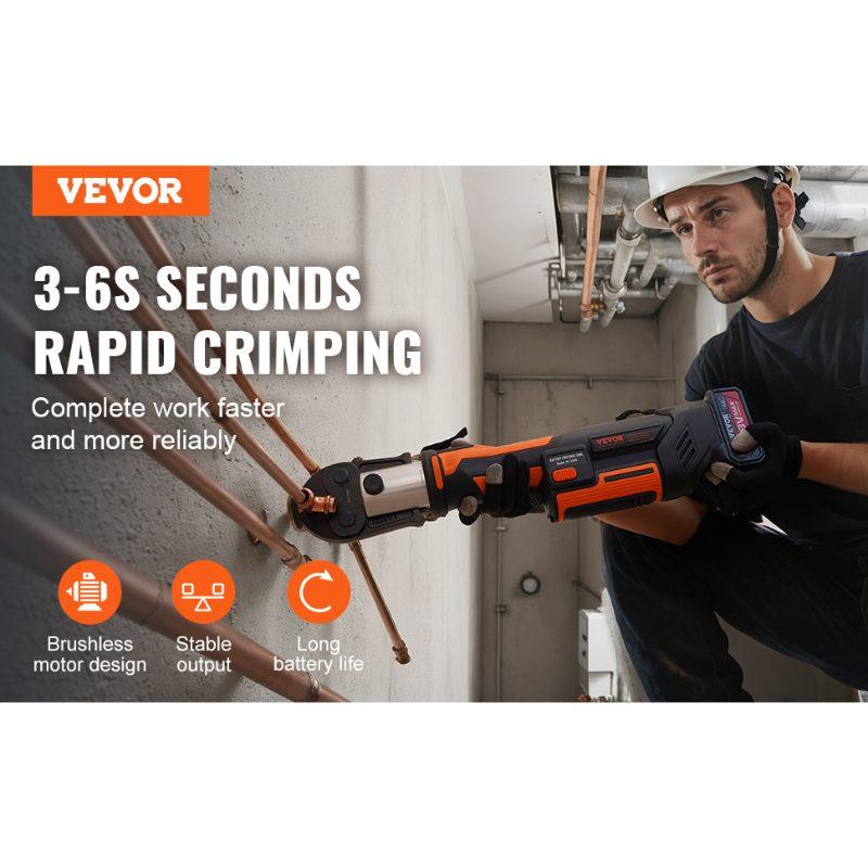 VEVOR ProPress Tool, 18V Electric Pipe Crimping Tool for 1/2, 3/4, 1, 1 1/4, 1 1/2, 2 Copper Pipes, Press Tool Kit with Brushless Motor, 6 Pro Press Jaws, 2pcs 4AH Battery