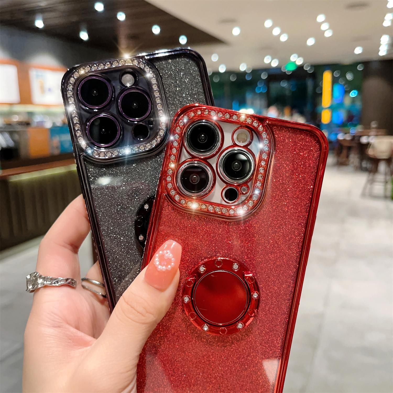 Bling Glitter Ring Case For iPhone 16 15 14 13 12 11 Pro Max Ring Holder Kickstand Case Plating Bumper Cover with Camera Lens Protector