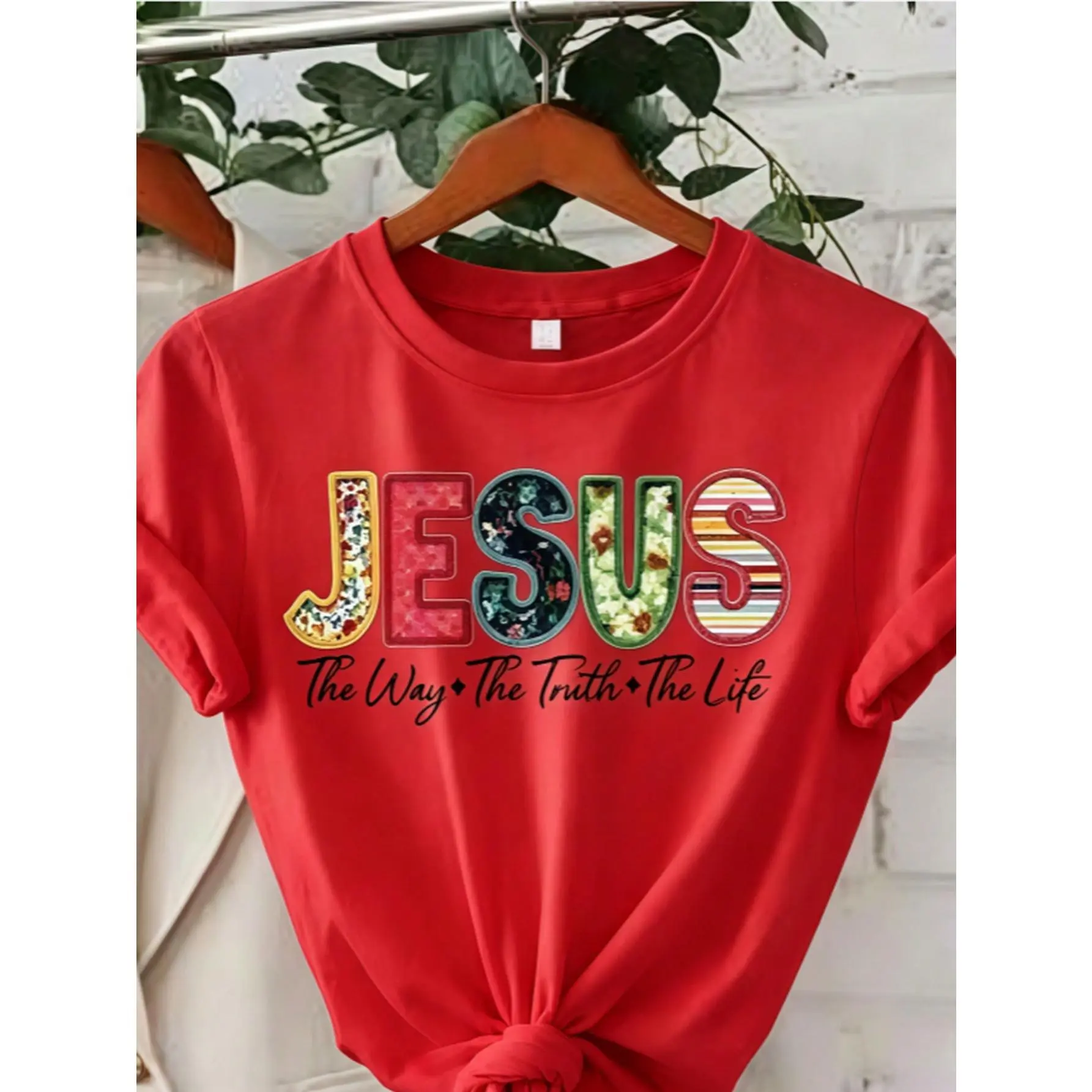 Christian Short-Sleeve Casual Cotton Fabric Fit T-Shirt - Jesus Is The Way Truth Life Bible Text Printed, Floral Pattern White Religious Washable Everyday Devotion Sports Top, Shortsleeve, Knitted