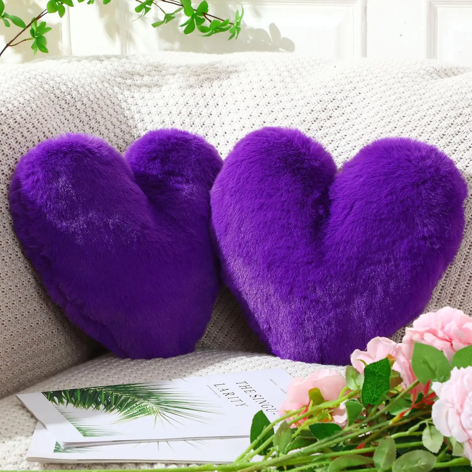 2 Pcs Heart Throw Pillows, Soft Fluffy Faux Fur Decorative Heart Shaped Pillows for Living Room Sofa Bed, Cute Heart Themed Gift for Mother(Royal Purple, 11.81 x 11.02 Inch)