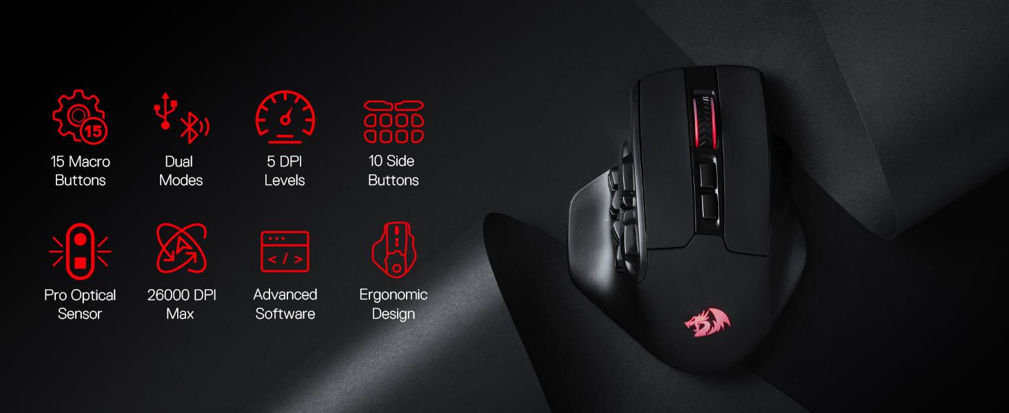 Redragon M811 PRO Wireless MMO Gaming Mouse, 15 Programmable Buttons RGB Gamer Mouse w/Ergonomic Natural Grip Build, 10 Side Macro Keys, Software Supports DIY Keybinds & Backlit
