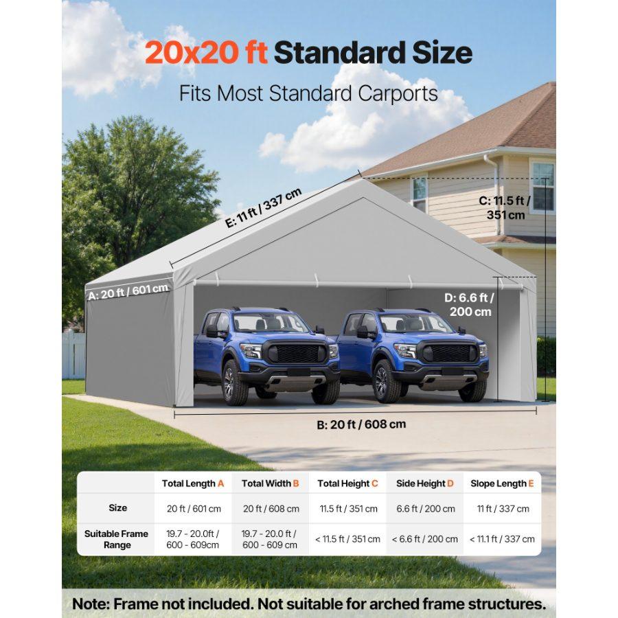 VEVOR Carport Replacement Canopy, 20x 20 ft Potable Garage Tent Top Tarp with Sidewalls, UV-Resistant Waterproof, Heavy Duty Car Shelter Tarp with Ball Buggees, Grey, Frame Not Included