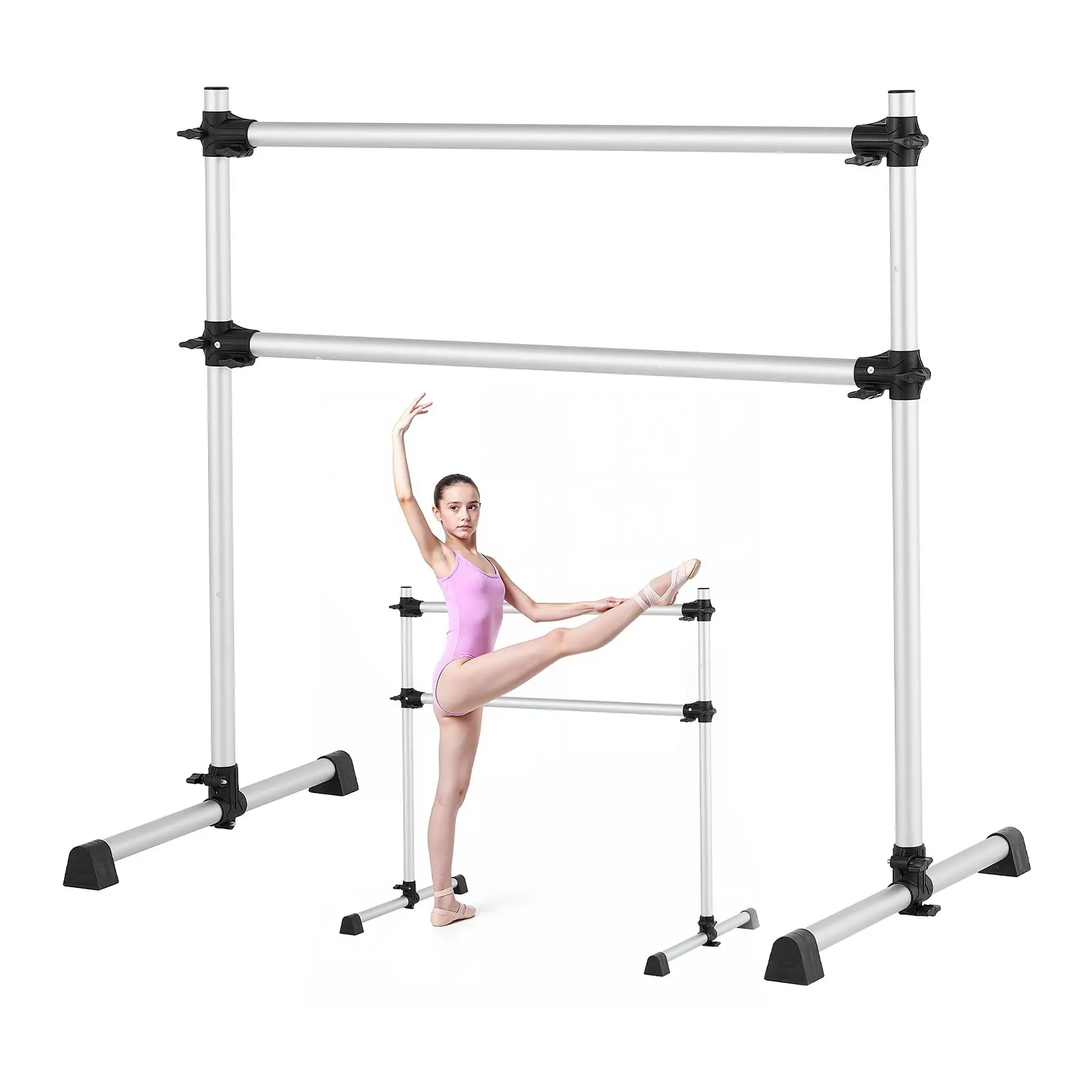 VEVOR 4 Ft Aluminum Double Ballet Barre, Freestanding Portable Height-Adjustable Anti-Wobble Bar, Home & Fitness Studio Equipment for Pilates Balance Stretching Workouts, Aluminum Bar, Height Adjust