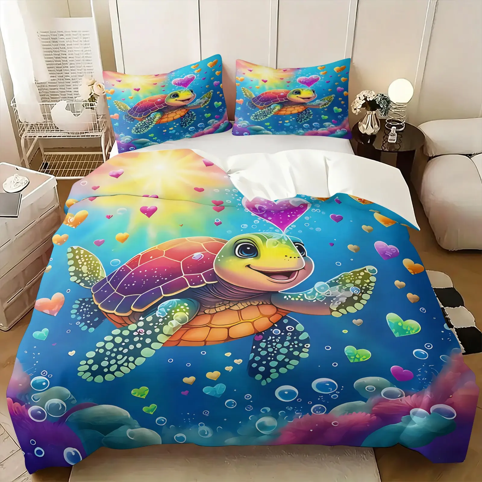 Rainbow Heart Cartoon Turtle Bed Set & 1-2 Pillowcases), Deep Sea Blue Seabed with Colorful Bubbles & Water Plants, Soft Breathable Fabric, Dreamy Macaron Ocean Style Children/Ocean Lover Bedroom Decor, Printed Bedding Set