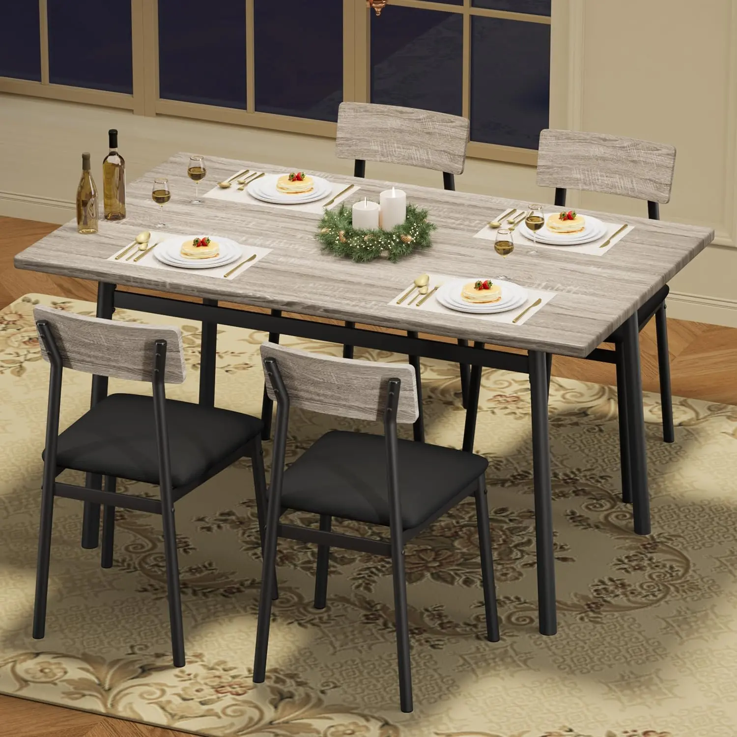 Rustic Dining Table Set for 4 with Upholstered Chairs Featuring Smooth Edge Wood Design, Perfect for Kitchen and Dining Rooms in Apartments and Small Spaces