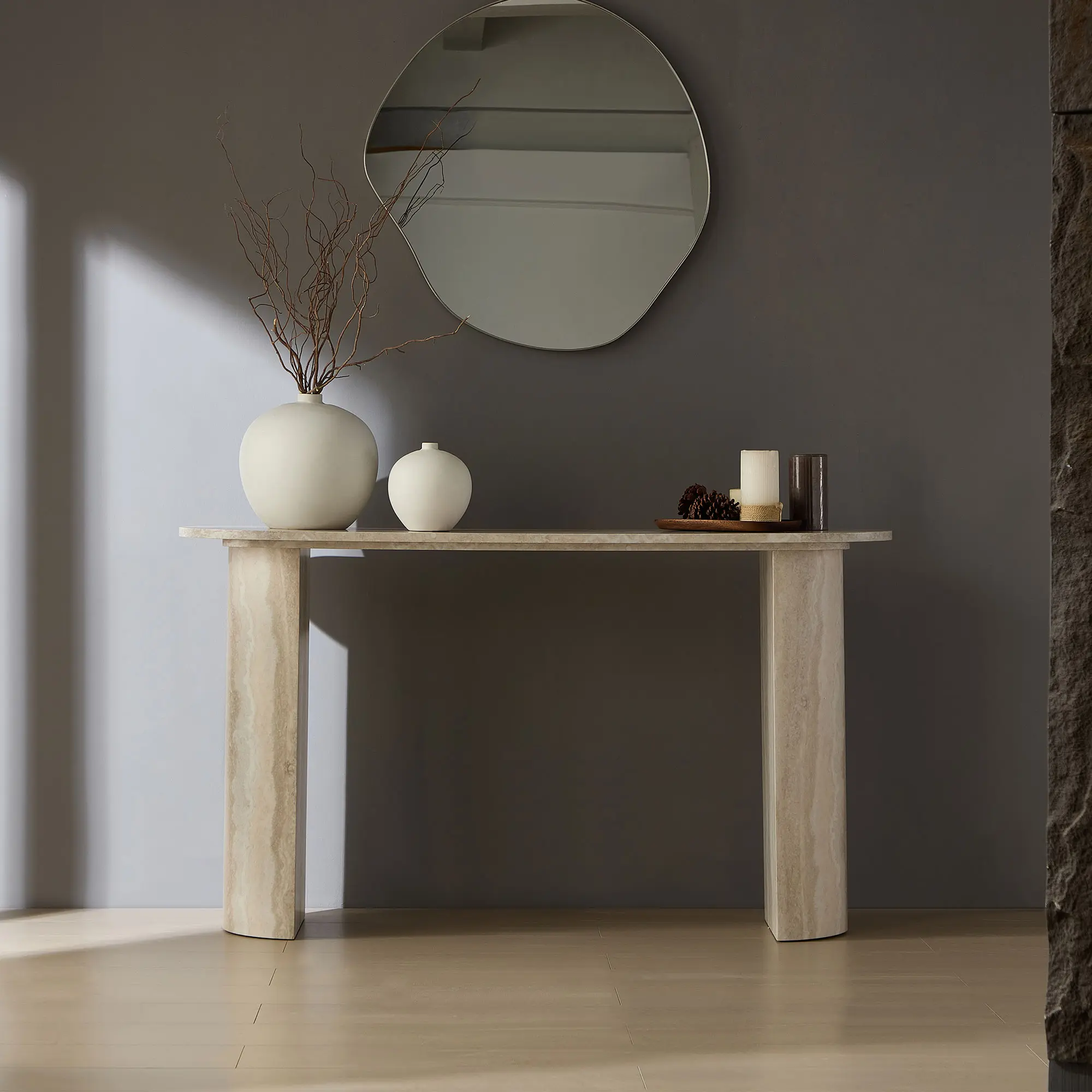 55.1" Faux Marble Console Table with Rounded Edges, Modern Hallway Sofa Table, Beige, YATU Living