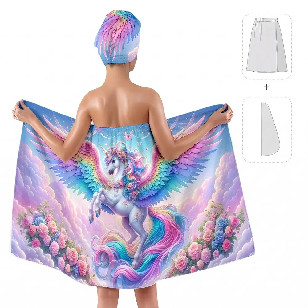 2pcs Unicorn Print Bath Towel Set, Adjustable Bathrobe and Hair Dryer Hat, Ideal for Sauna, Spa, Home Bathroom, Gym, Beach, Travel