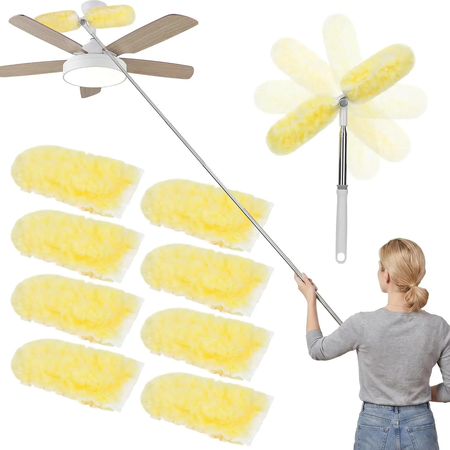 Duster with Extended Handle 6 ft, Lockable Extendable Duster Kit with Extension Pole for High Ceiling Fan & Wall, 8 Refills