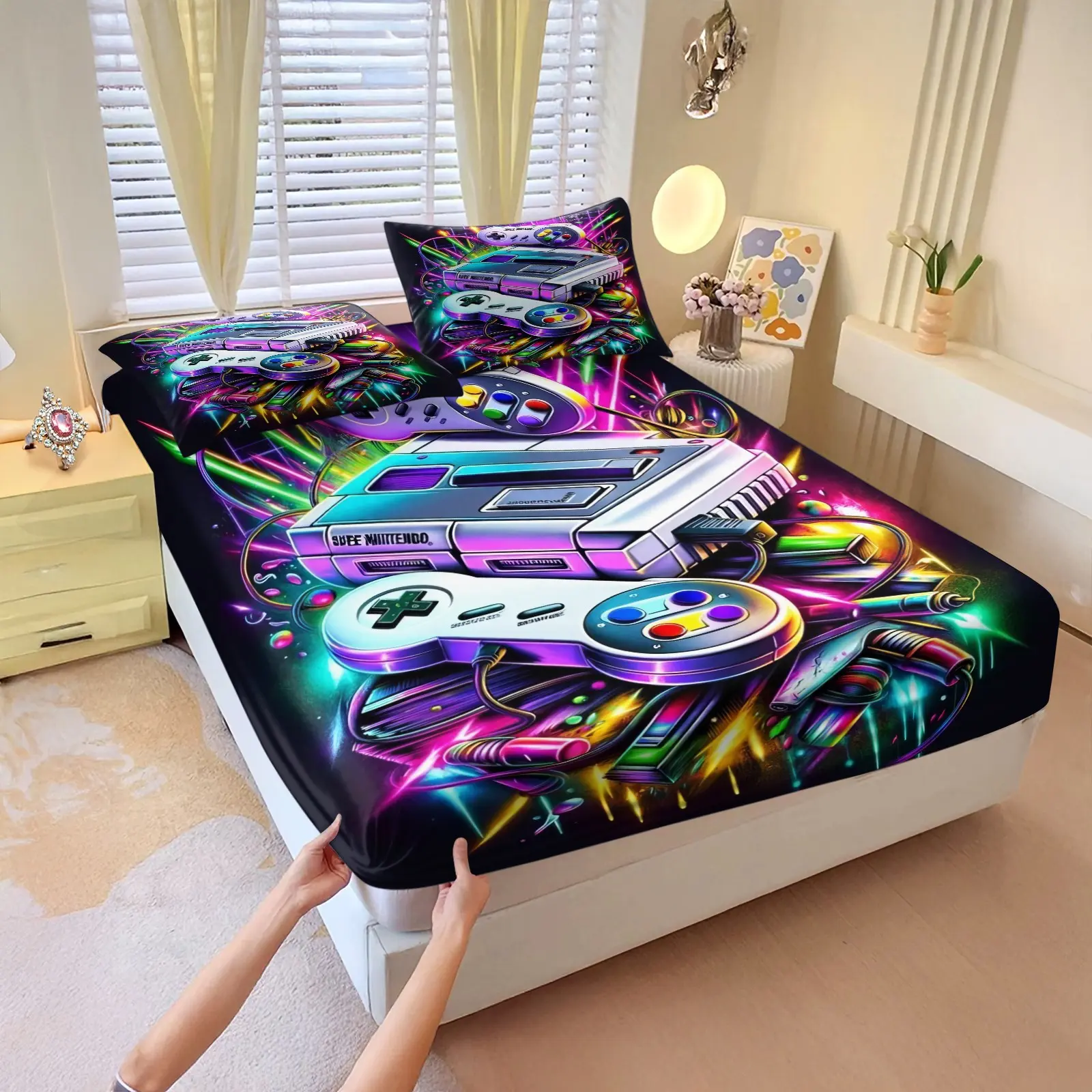 Neon Rainbow Light Retro Classic Game Console 3‑Piece Fitted Sheet Set, No Filling Included, Print Polyester Bedding Set, Decor for Video Game Lover Master Bedroom, Retro Neon Arcade Glam Suite, Vintage Game Gear Themed Bedroom