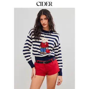Cider [size 2-26] Knit Round Neckline Striped Bear Long Sleeve Top