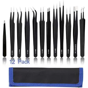 Precision Tweezers Set 12 PCS Electronic Tweezers ESD 11, 12, 13, 15, 17 Pointed Tip Tweezers Kit for Electronics,Soldering, Craft, Jewelry, Ingrown, Eyelash