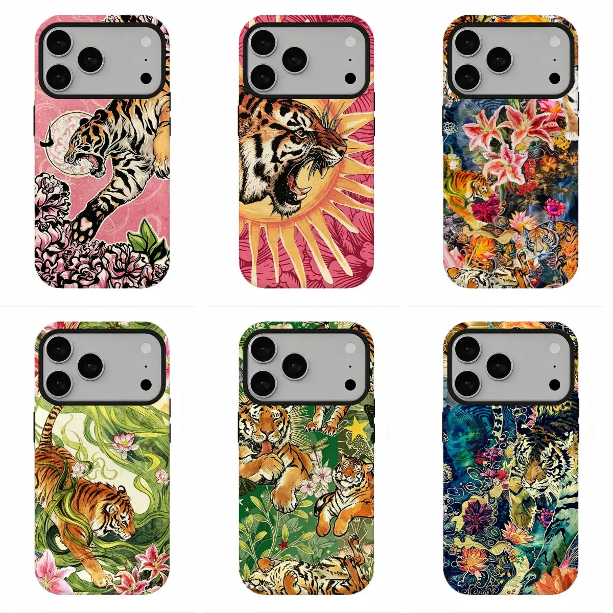 Boho Oriental Tiger Floral Maximalist Phone Case, Indie Kid Dark Academia Y2K Aesthetic Shockproof Cover, Viral Wild Cat Lily Peony Art Protective Shell, Compatible for iPhone 17Promax 16 15 14 13 12 11 and for Samsung S26-S21, Perfect Holiday Gift