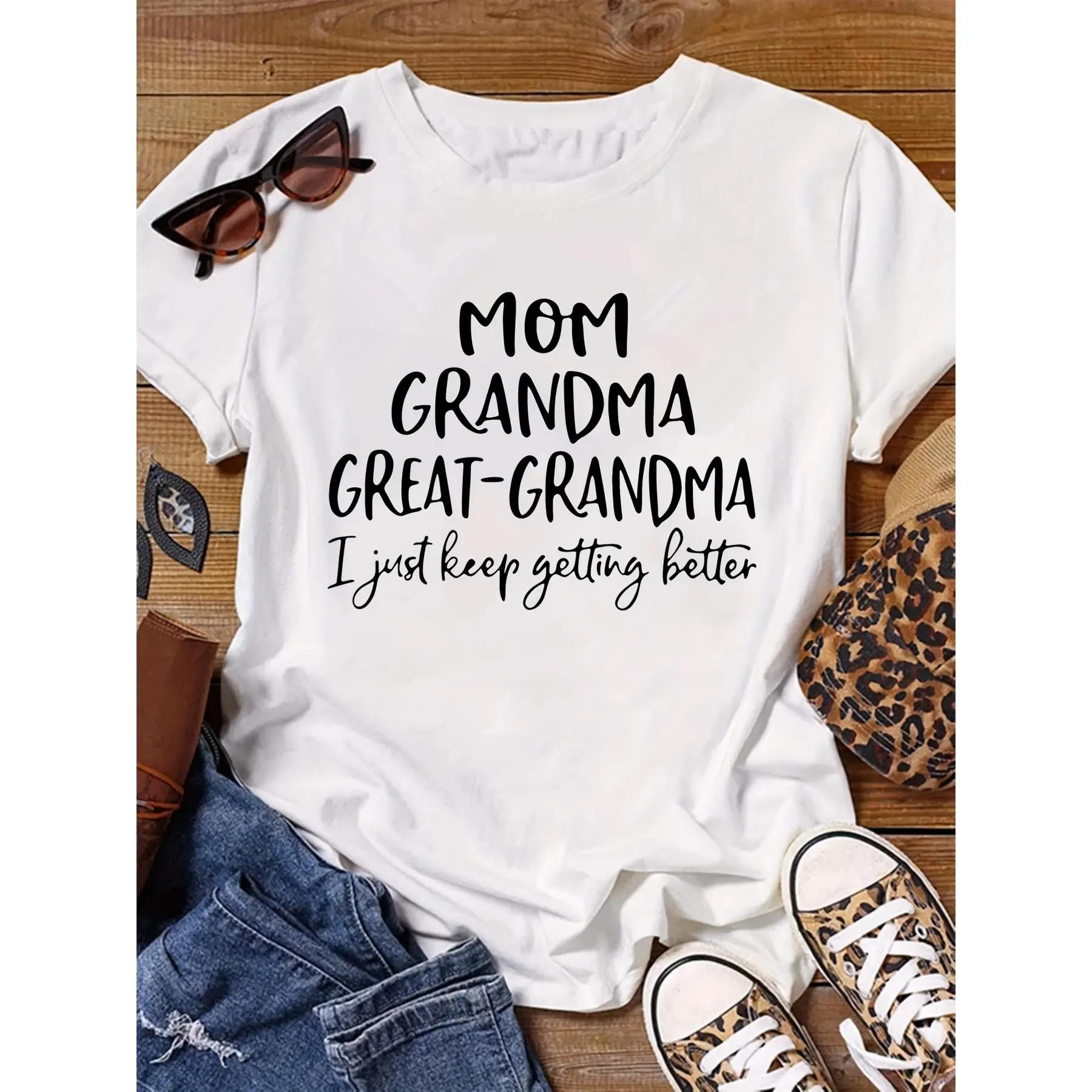 Women's Casual Short Sleeve T-Shirt - Pink Round Neck, "MOM GRANDMA GREAT-GRANDMA" Inspirational Alpha Print, Plus Size, Polyester Fabric, Relaxed Fit, Nontransparent, Machine Washable, All-Season Comfort Sports Top, Shortsleeve