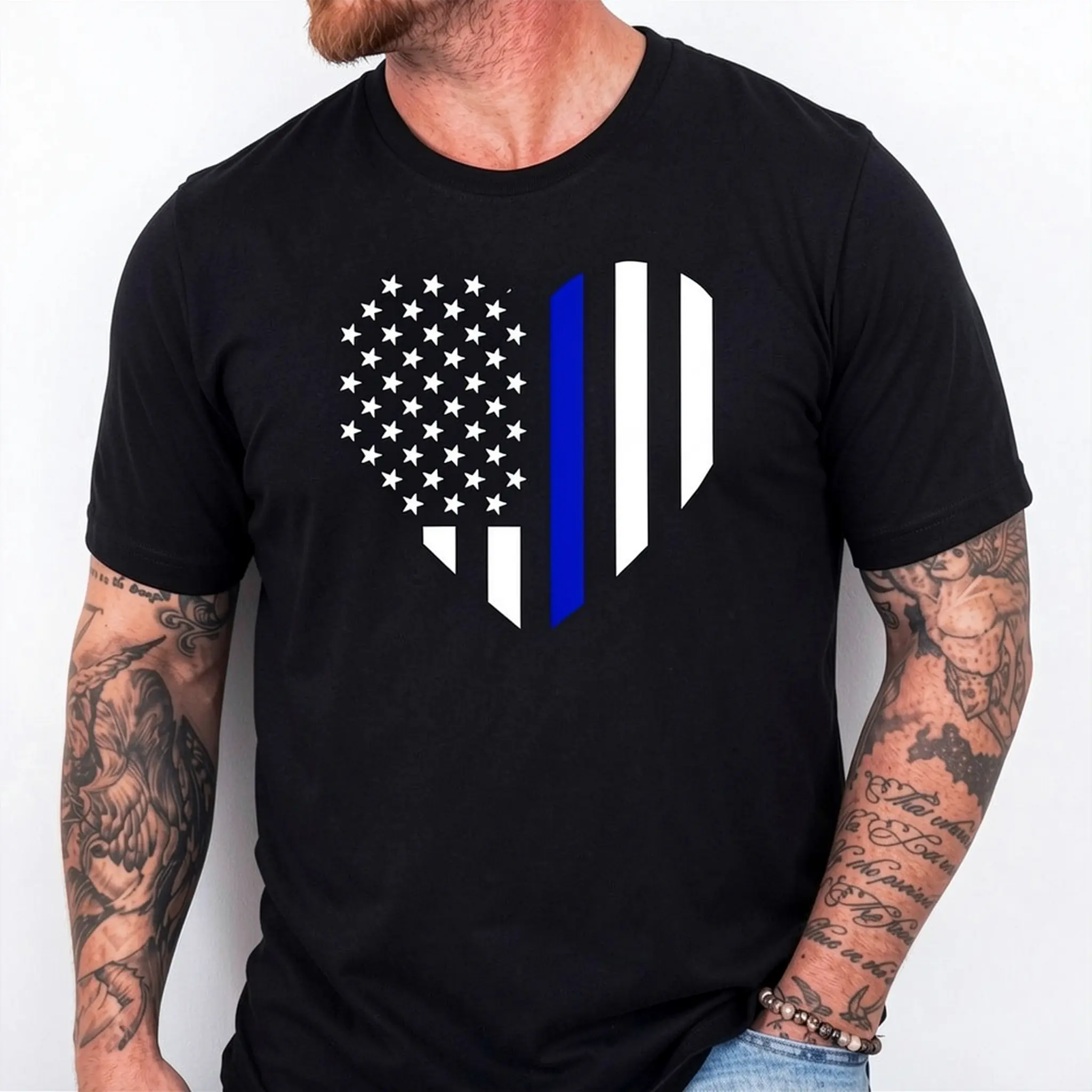 Love Our Police Officer US Flag Heart Thin Blue Line T-Shirt
