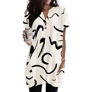 Womens Tunic Tops for Leggings with Pockets Button V Neck Short Sleeve Casual Long Shirts