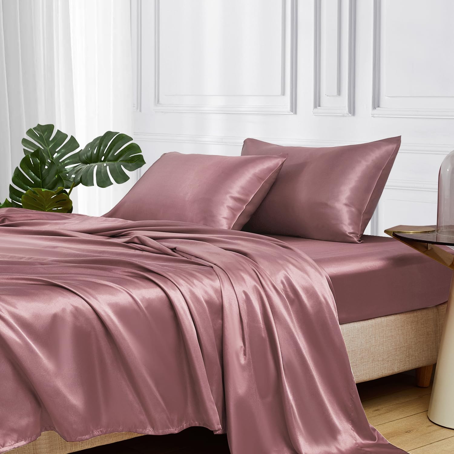 Luxury Satin Bedding Set 4 Piece King Queen Size Deep Pocket Adjustable Sheets, Soft Smooth Silk Feel Comfortable Sleep Experience, Satin Fitted Sheet