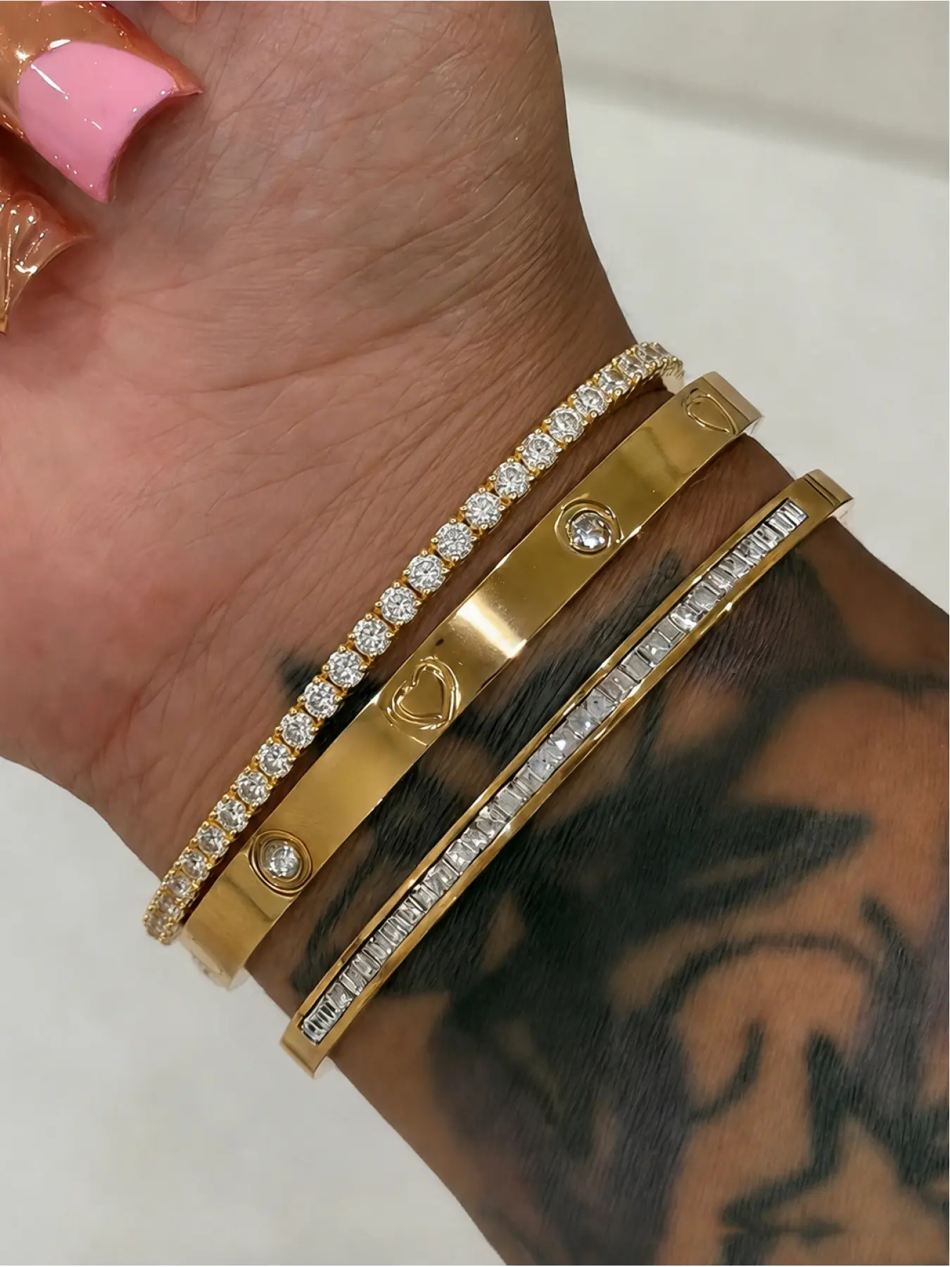 3-Piece Stainless Steel 18K Gold-Plated Claw Chain Rhinestone Bracelet Set, Featuring Artificial Zircon Bracelets, A Stylish Women'S Jewelry Gift Set, Suitable For Everyday Wear And Special Occasions, Beautiful Bracelets