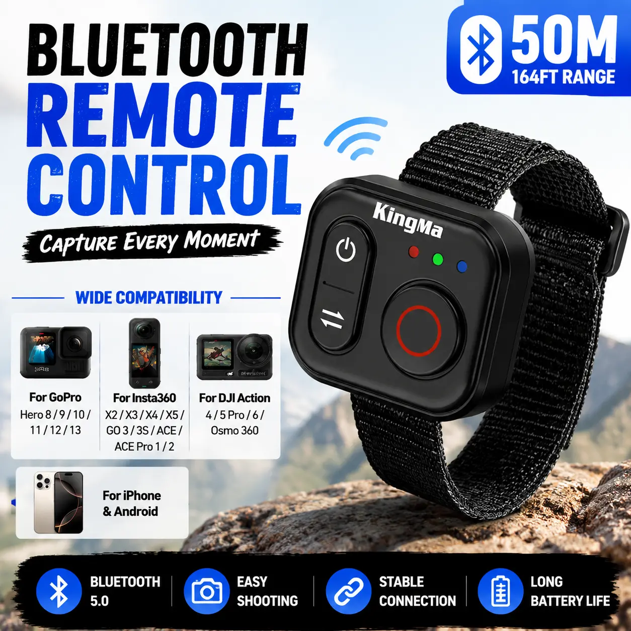 Portable Bluetooth Wireless Camera Remote Control - 50M Range, Easy Shoot Button, Accessories for GoPro, Insta360 & DJI for Outdoor Creators
