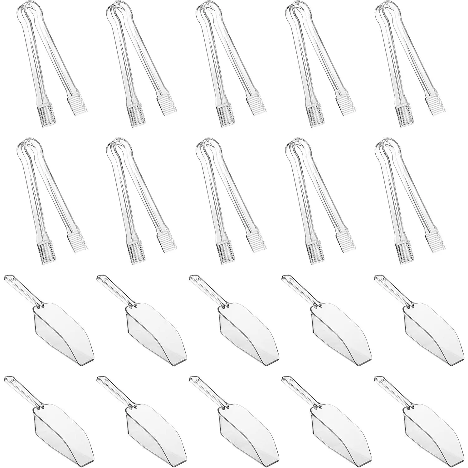 20 Combo Pack 10 Pieces Mini Plastic Serving Kitchen Tongs 10 Pieces Clear Mini Ice Scoops for Candy Dessert Buffet Ice