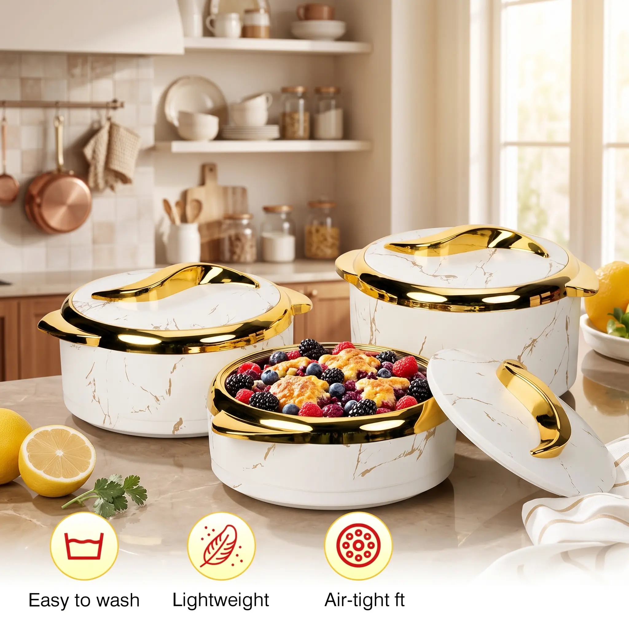 3-Piece Sturdy Stainless Steel Insulated Kitchen Bowl Set with Covers, Tableware Thermal Containers for Hot/Cold Food Storage