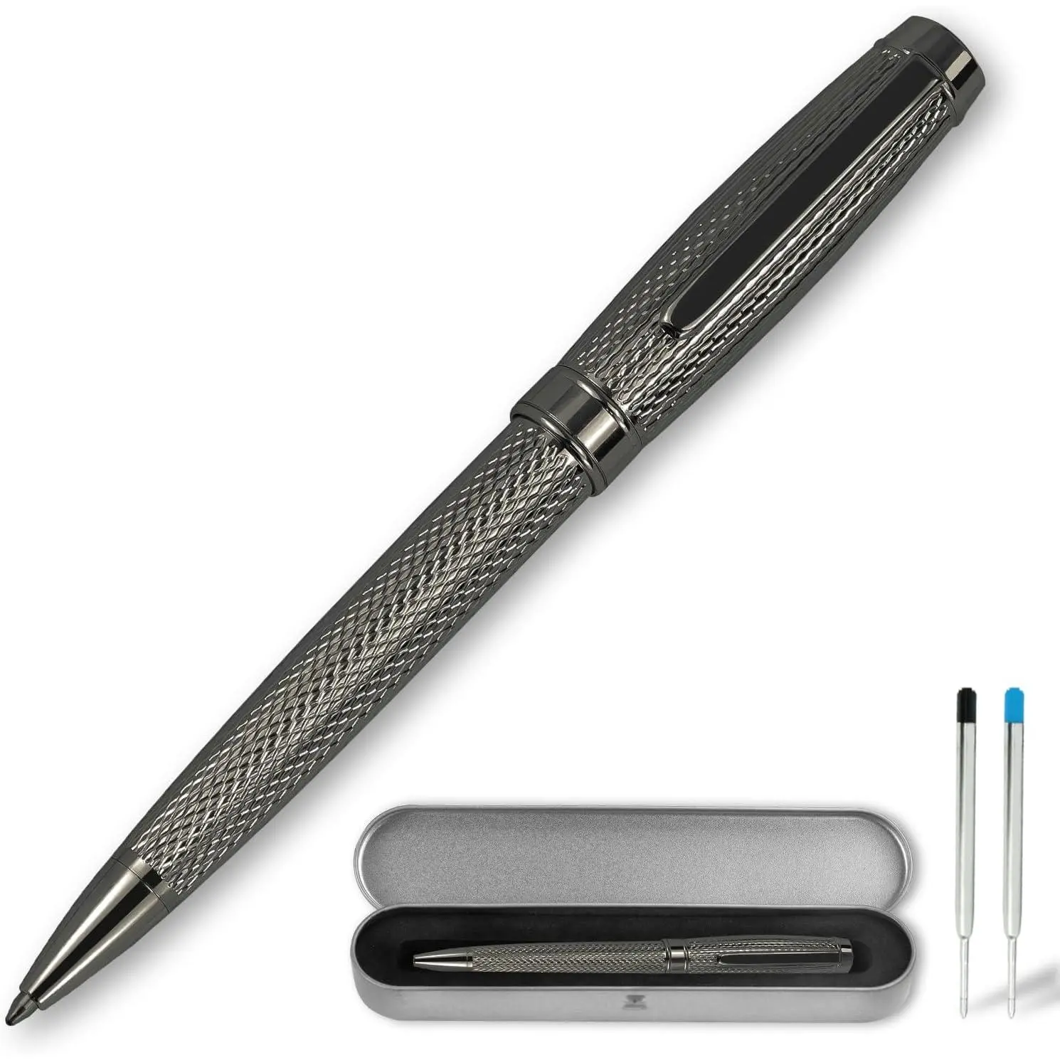 Executive Pen Set for Men, Heavy Duty Retractable Ballpoint Pens with Black & Blue Ink,   Smooth Writing, Metallic Gray  Pen for Work Office