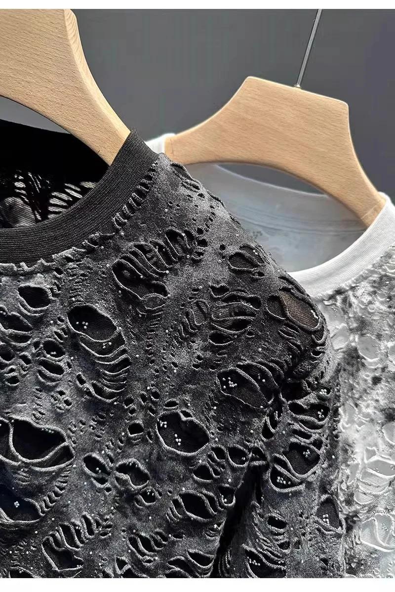 Summer 2026 Trendy Brand Men's T-shirt Loose Casual All-Match Tie-Dye Hole Design round Neck Short Sleeve Breathable