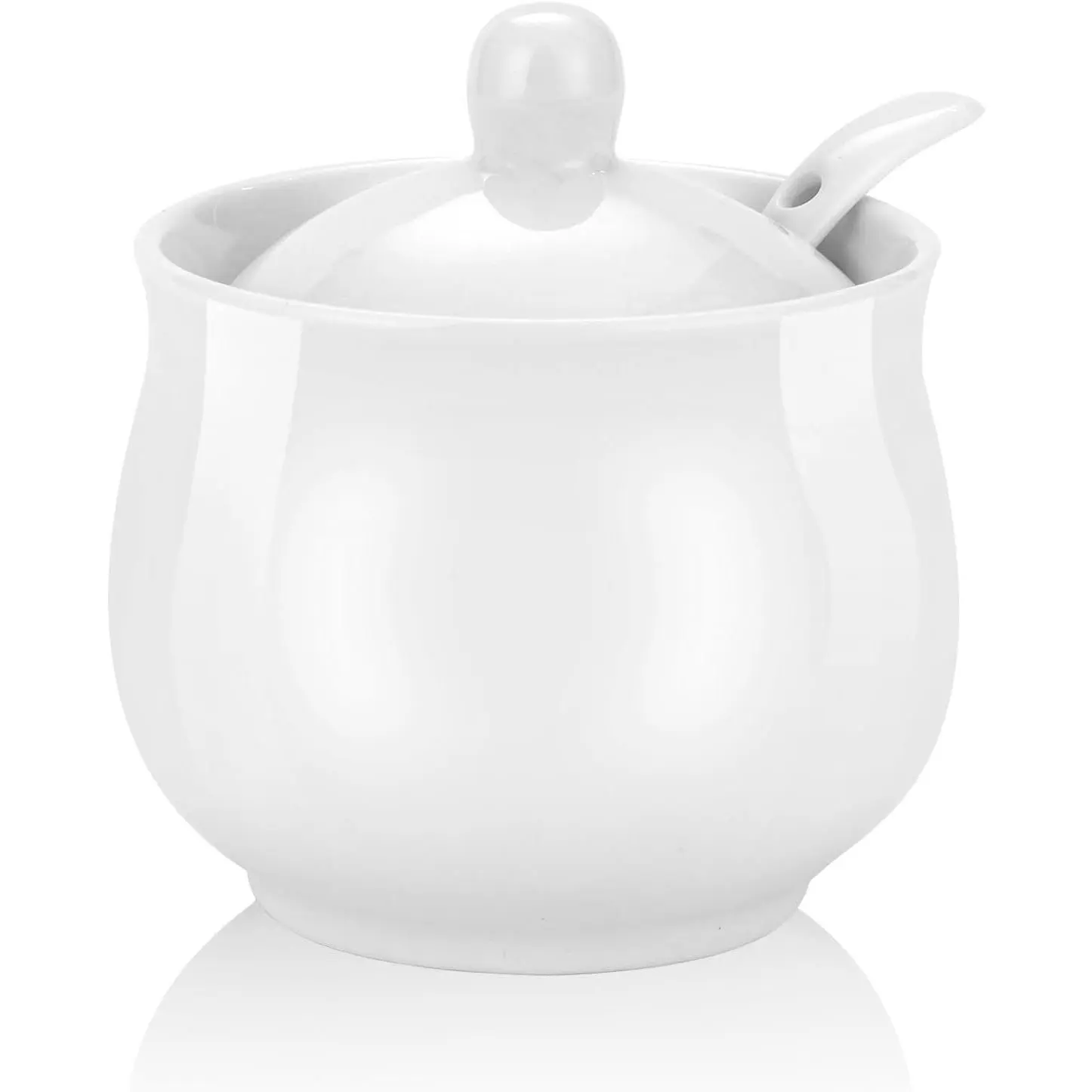 7oz Farmhouse White Ceramic Sugar Bowl with Lid and Spoon, Porcelain Salt Container Condiment Seasoning Pot for Coffee Table Kitchen Use