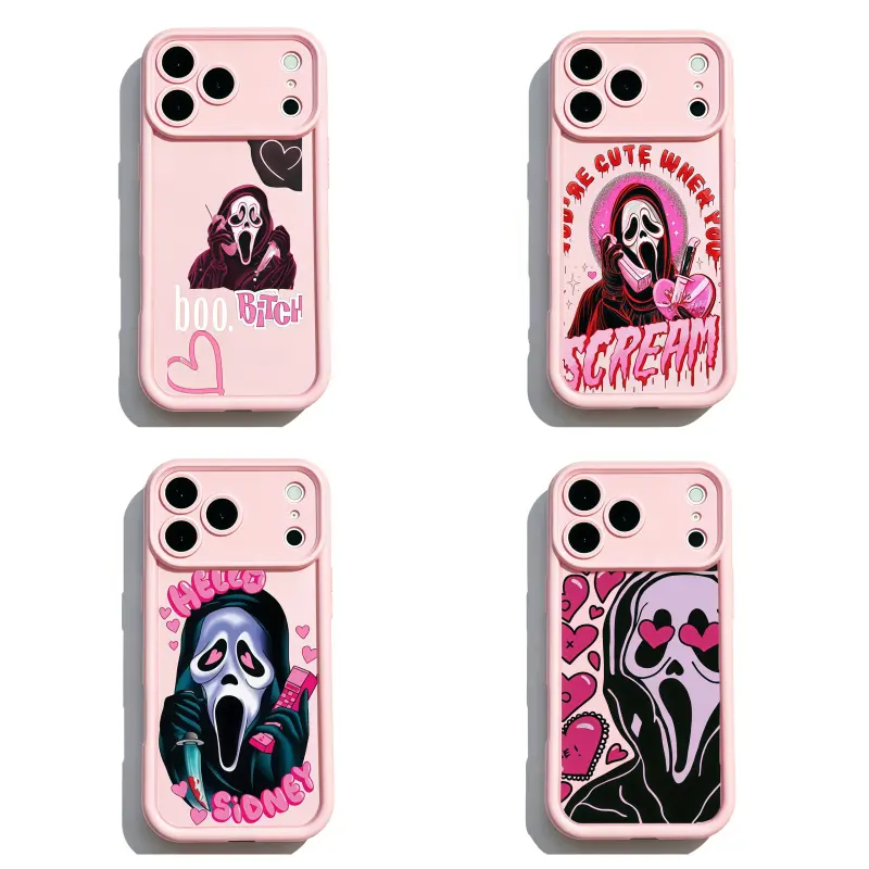 Pink Cute Ghostface Scream Y2K Girly Horror Soft TPU Multi-Model Phone Case, Heart Doodle Cover Compatible for iPhone 11-17 ProMax and for Samsung S22-S26 Ultra, Halloween Protection Casing Gift for Her