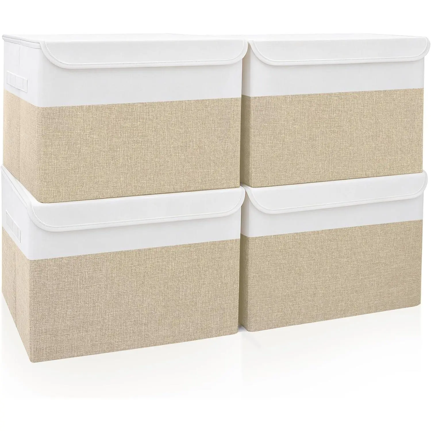 Large 22 Quart Linen Fabric Foldable Storage Bin Cube Organizer Basket with Flip-Top Lid & Handles, Clothes Blanket Box for Home, Office, Closet, Beige & White, 4 Pack 14.6 x 9.5 x 9.5”