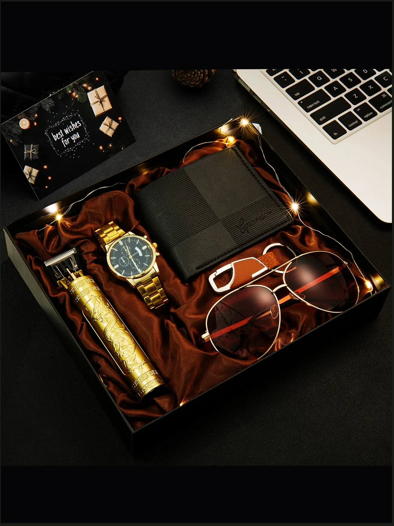 Men's Holiday Watch Gift Set Box, Gift Package, Perfect for Boyfriend, Family, Teacher, Anniversary Present, Includes Hair Clipper, Watch, Sunglasses, Keychain, Wallet, Mood Light, Card
