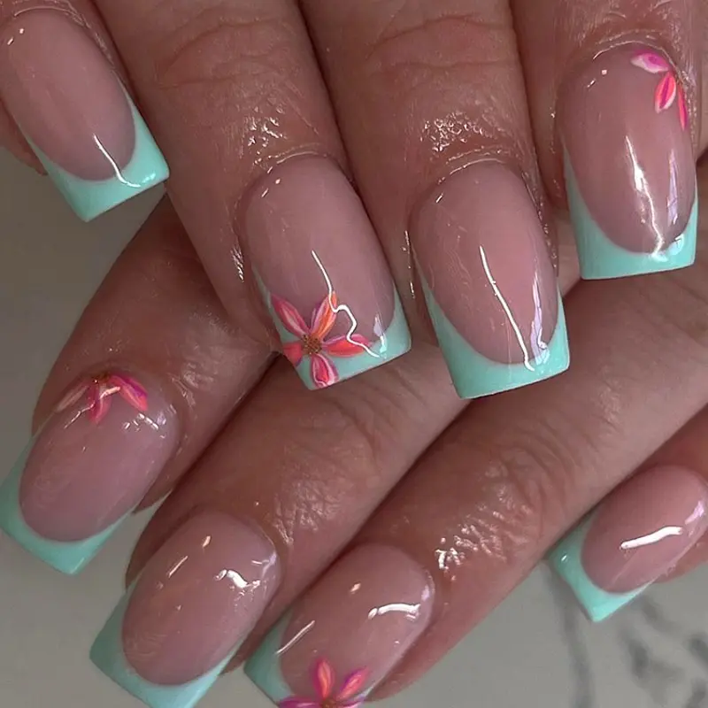 24pcs French Flower Nail Stickers, Nail Decoration, Mint, Petal Design, Glitter, Medium Size, Summer Nails, Women & Girls