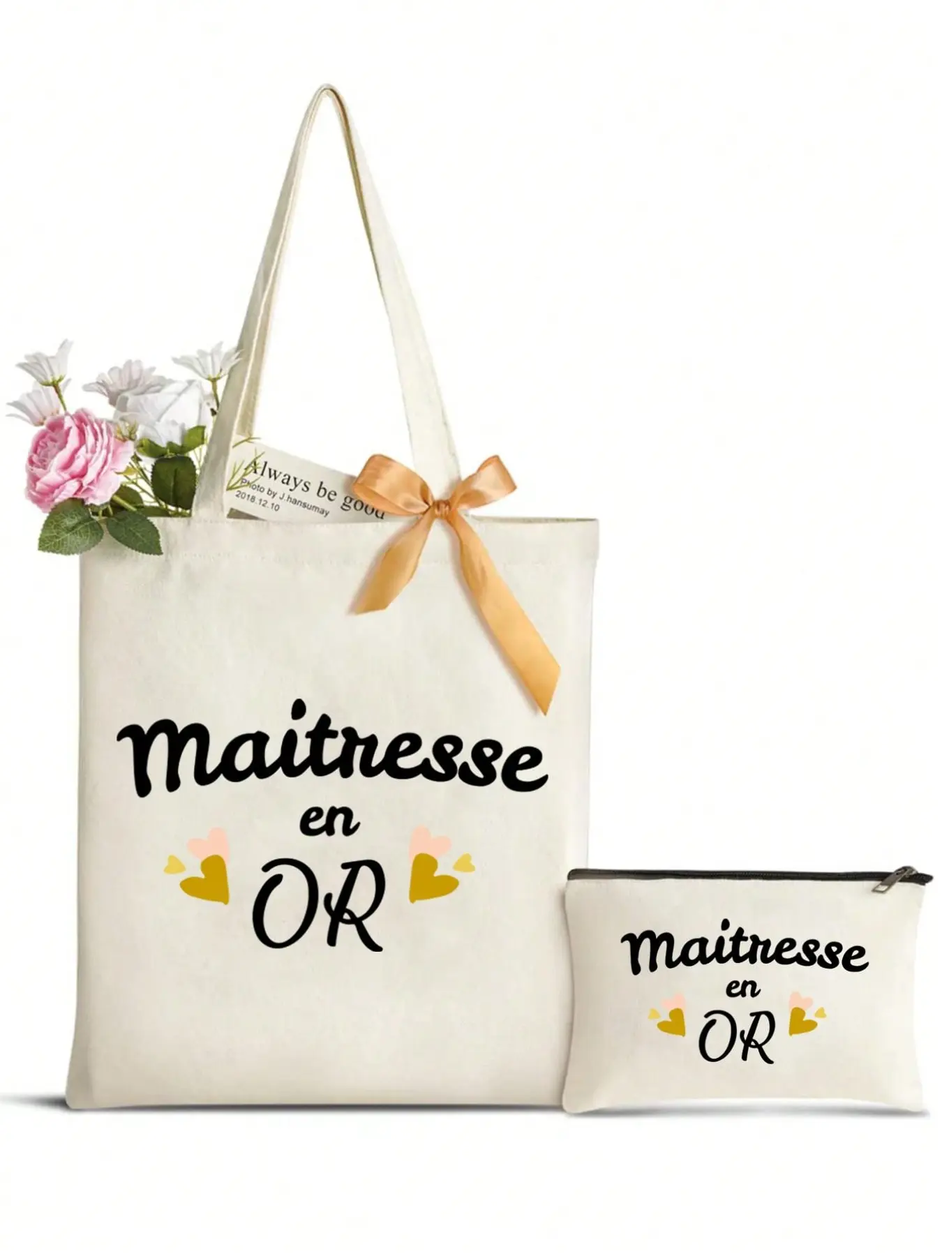 French Print Handbag with Makeup Bag, Teacher Theme Handbag Set, Personalized Wedding Gift Bag for Bridesmaids, Letter Print Handbag with Makeup Bag