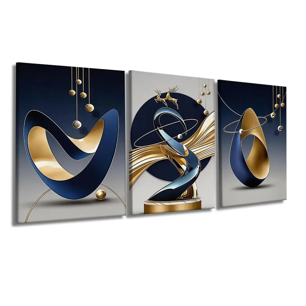 3-Panel Framed Canvas Wall Art, Navy Blue & Gold Abstract Geometry Deer Canvas Print, 3D Texture Golden Elk Wall Decor, Luxury Minimalist Art For Living Room Entryway