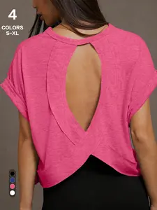 Women's Short-Sleeve Crop Top, Asymmetrical Split-Hem Design, Crisscross Back Cutout, Casual Open-Back Style, Sizes S-Xl, 4 Colors Available