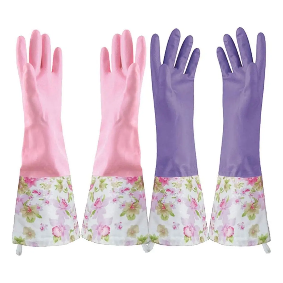 Large Size Soft Reusable Dishwashing Gloves - Latex-Free PVC, Waterproof, Long Cuff with Flock Lining, 2 Pairs, 4 Seasons, High Temperature Resistance, Environmental Protection Certified for Kitchen/Bath Cleaning
