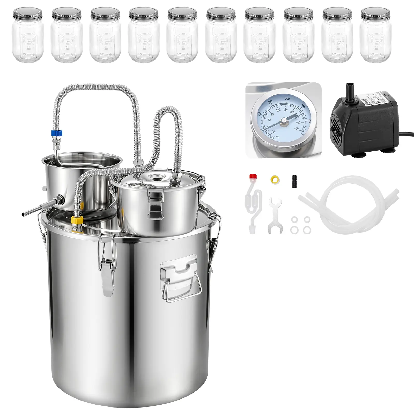 Alcohol Still, 13.2 GAL/ 50L Alcohol Distiller with 10 x 16oz Glass Jars, Thumper Keg, Dual-scale Thermometer, and Water Pump, Home Brewing Kit for DIY Whiskey Wine Brandy