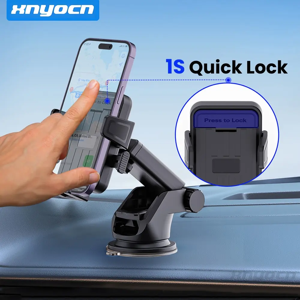 Long Arm Vacuum Suction Cup Car Phone Holder for Dashboard Windshield Desktop,360° Rotation One-Button Lock Cellphone Stand