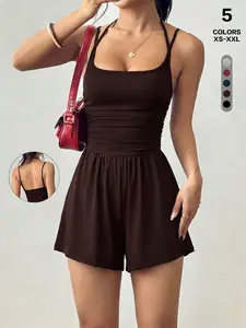 Trendy Halter Tops Set, Solid Color Halter Neck Sleeveless Romper, Slim Fit Backless Jumpsuit Shorts, Summer Casual Playsuit