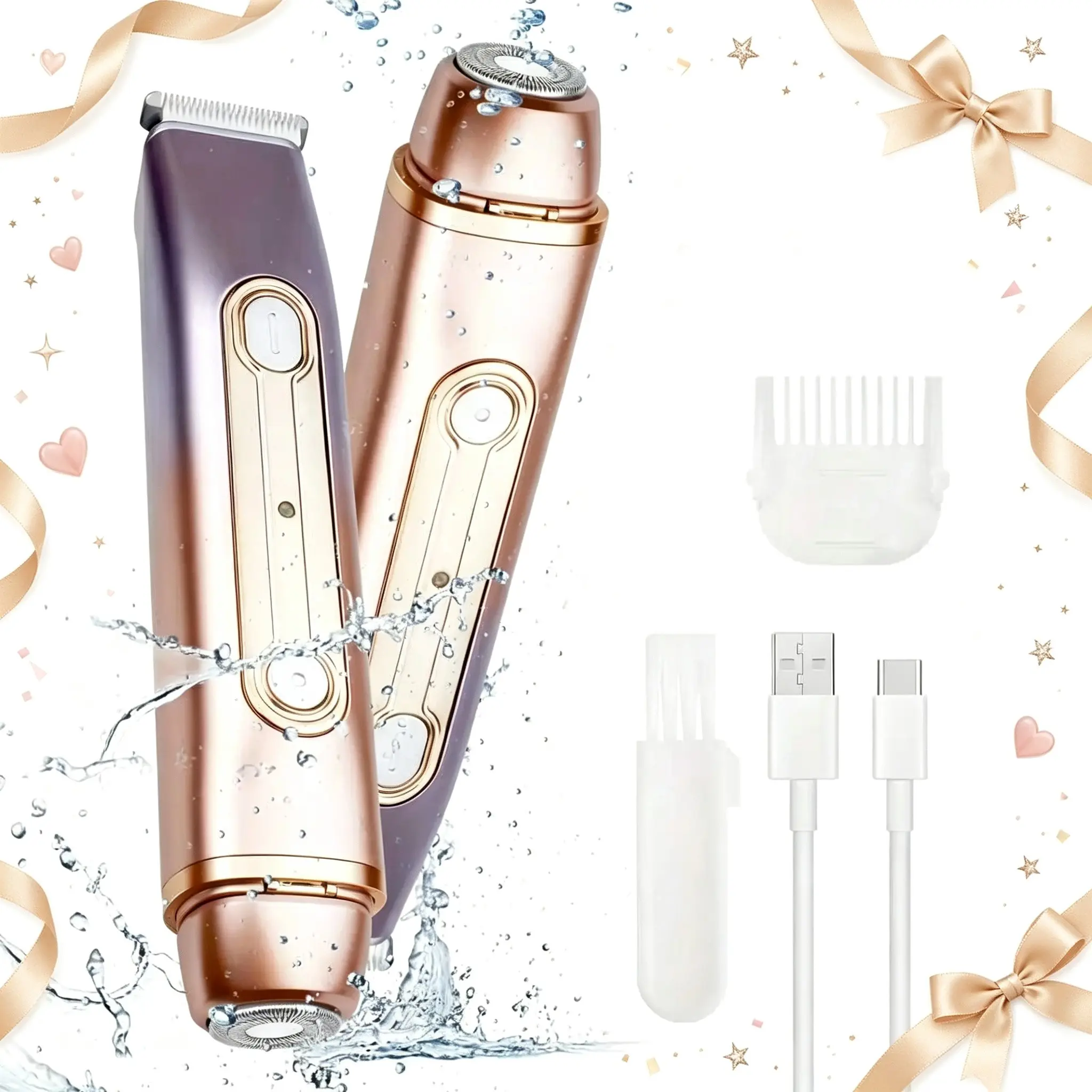 2-in-1 Waterproof Women Electric Hair Trimmer & Shaver, Cordless Rechargeable Trimmer, USB Rechargeable Washable Hair Removal Clipper with Accessories, Skin Friendly Portable Grooming Tool for Ladies & Girls, Suitable for Leg, Underarm, Bikini Area